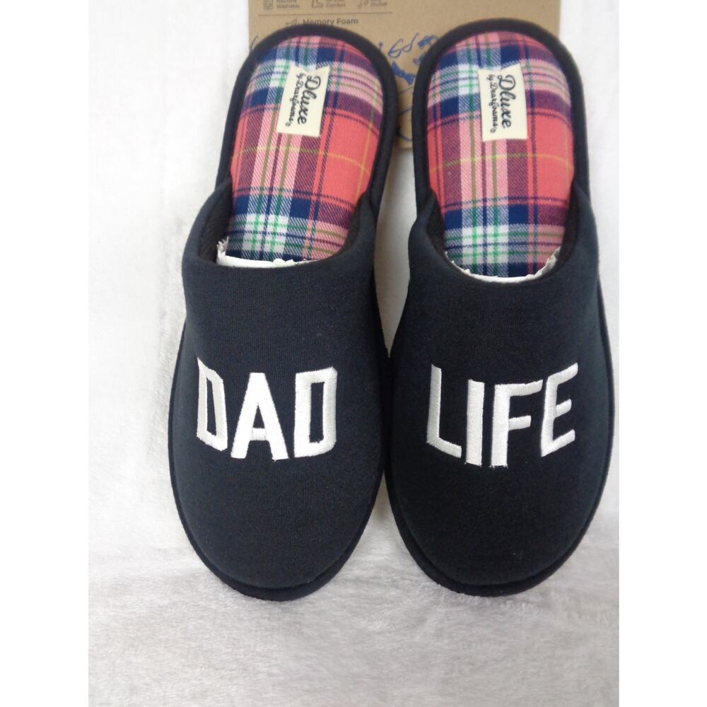 Dluxe by Dearfoams Dad Life Slippers Black Plaid Cozy Slip On Mens Slippers